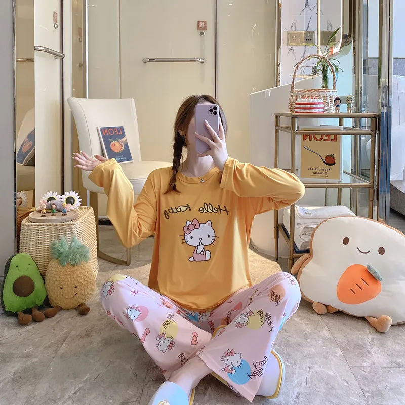 Sanrio Hello Kitty Домашно облекло с дълги ръкави За момичета, Есента Сладки Мультяшные Свободни панталони, Пижами, Скъпа Мультяшная Студентски Домашно облекло в подарък