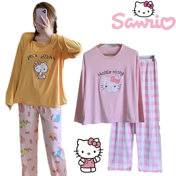 Sanrio Hello Kitty Домашно облекло с дълги ръкави За момичета, Есента Сладки Мультяшные Свободни панталони, Пижами, Скъпа Мультяшная Студентски Домашно облекло в подарък