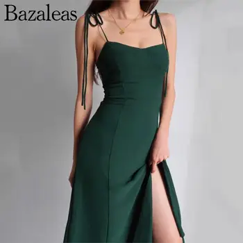 bazaleas women трафика official store REF Годишният Елегантна Секси Ретро Тънък зелен топ с цепка, рокля midi, вечерни рокли