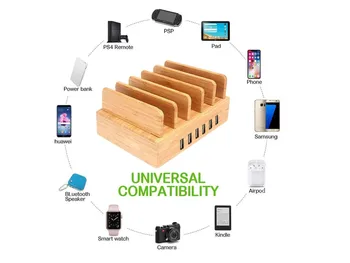 Дървена Поставка за Таблет LIZENGTEC е Подходящ За Съхранение на мобилни устройства, и таблети с 6 Порта за Зареждане с Нов Дизайн