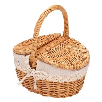 Кошница от ракита ръчно изработени с дръжка, Ракита, кошница за пикник, къмпинг с двойни капаци, кошница за пазаруване, Кошница за съхранение с кърпа Li