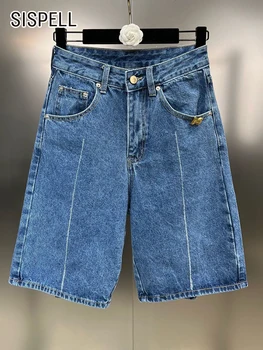Минималистичные дънкови панталони SISPELL джобове в стил мозайка, дамски летни панталони с висока талия, обикновена директни шорти с цепка, Женски модерен стил