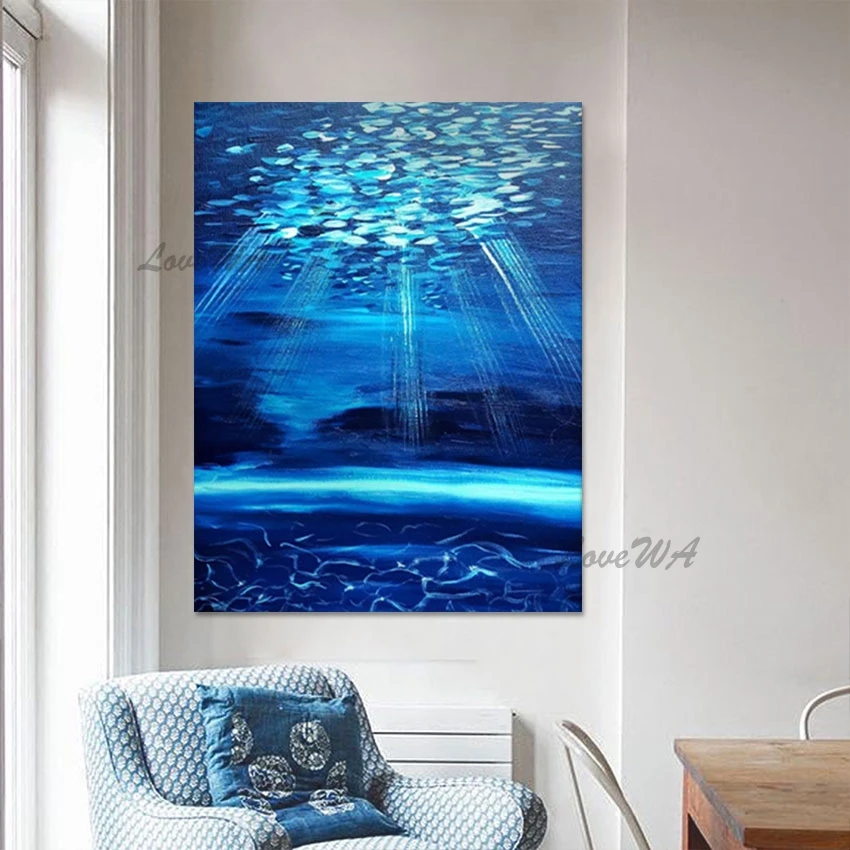 Дъното на океана Абстрактен Природен Пейзаж маслени картини Бескаркасная Синя Акрилна Текстура Платно Плакати на стената Картина Арт Декор