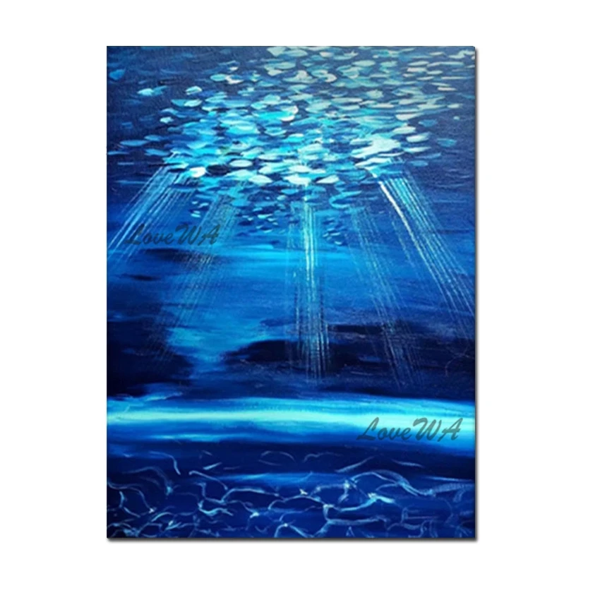 Дъното на океана Абстрактен Природен Пейзаж маслени картини Бескаркасная Синя Акрилна Текстура Платно Плакати на стената Картина Арт Декор