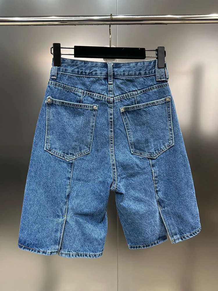 Минималистичные дънкови панталони SISPELL джобове в стил мозайка, дамски летни панталони с висока талия, обикновена директни шорти с цепка, Женски модерен стил