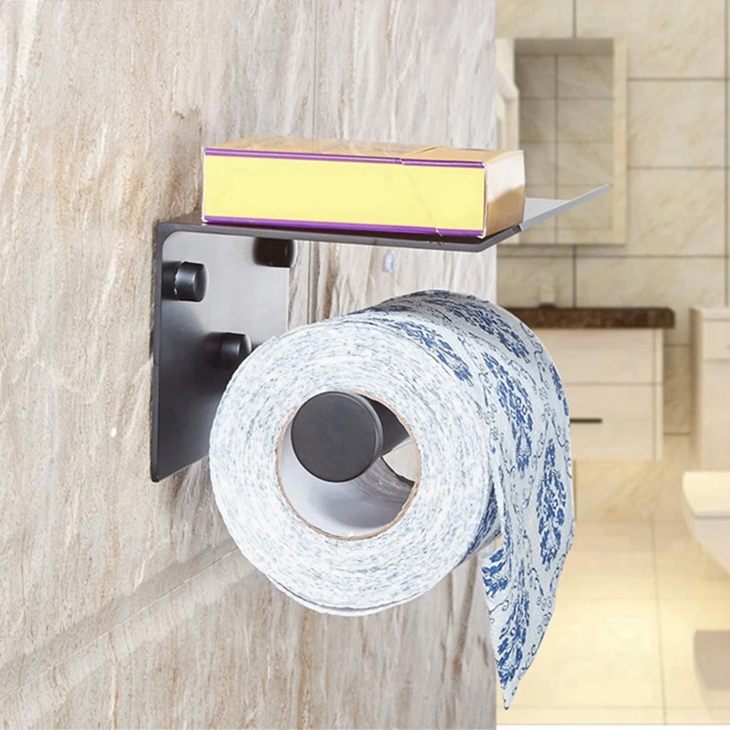 3X Държач за тоалетна хартия С Рафт Стенен Държач за хартиени кърпи за мобилен телефон, стойка за ролка хартия за баня, Черен
