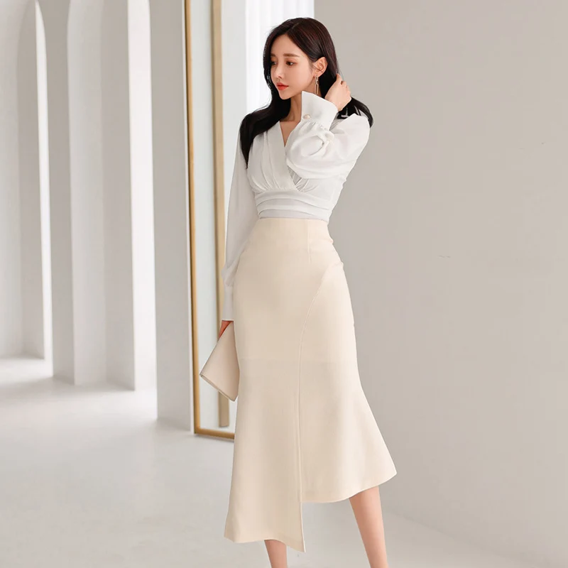 Harajpee Женски Костюм 2023 г., Бяла Риза В Корейски стил, Нерегулярная Пола 