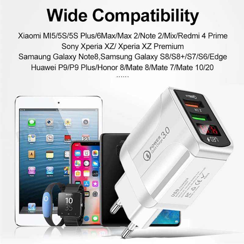 QC3.0 Зарядно устройство за телефон захранващ Адаптер 5V4.1A Бързо Зареждане на 2 USB Порта Дигитален Дисплей Бързо Зареждане за iPhone, Samsung, Huawei, Xiaomi