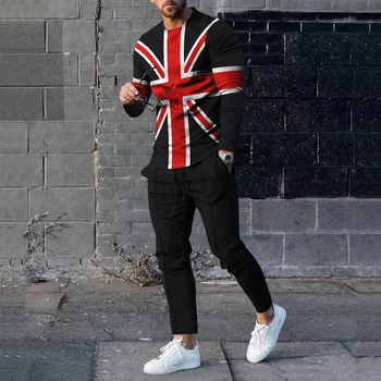 2023, Мъжка мода, Британски стил, Union Jack 3D принтом, къс ръкав + шорти, Комплект от две части, Свободна ежедневни тениска, уличен комплект в Голям размер