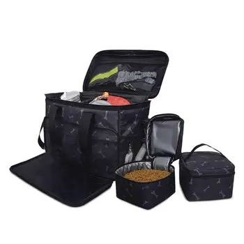 3 бр., чанта-органайзер за кучета на открито с набор от мисок, чанта за съхранение, Големи многофункционални джобове Чанта-контейнер за храна за домашни любимци