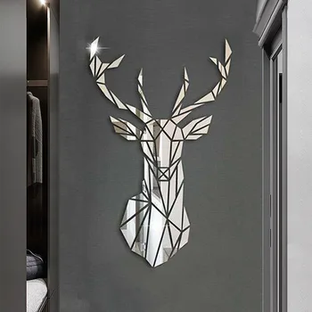 3D Огледално стикери за стена Главата на елен в Скандинавски стил Огледална Акрилна стикер Термоаппликация Свалящ Стенопис за декора на стените на хола със собствените си ръце