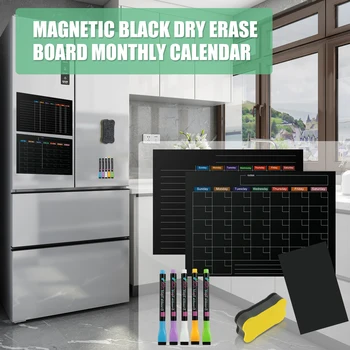 3шт Магнитна дъска за сухо изтриване на хладилника, черни магнитни дъски за планиране с 6 маркери, за многократна употреба дъски за изготвяне на списъка за пазаруване на хладилник