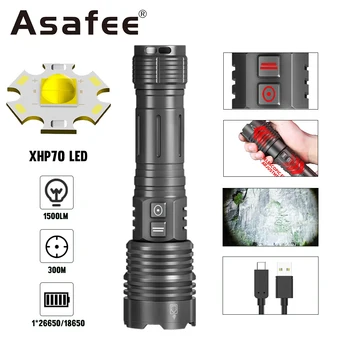 Asafee 4800 Super bright тактически фенер 1500LM XHP70 LED Light TYPE-C Charing Zoom факел за нощуване на открито Power Bank