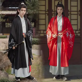 Hanfu Мъжки Древен стил, стил на Уей Джин, Черно-червено Студентски Красив Фехтовач, Китайски традиционни дрехи, костюми за мъже и жени