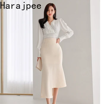 Harajpee Женски Костюм 2023 г., Бяла Риза В Корейски стил, Нерегулярная Пола 