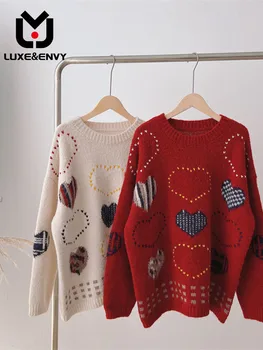 LUXE & ENVY Sweet Girl Жаккардовый червен Пуловер Женски 2023, Нова корейската мода свободна плетени