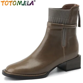 TOTOMELA/Новост 2024 г.; Пикантни женски ботильоны с цип; Есенни обувки от естествена кожа за жени; Обувки на платформа на средното квадратен ток