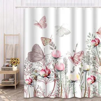 Акварел Цвете Розов божур, завеса за душ с пеперуда, Цветя, растения, завеса за баня, пролетен интериор за баня, водоустойчив с куки