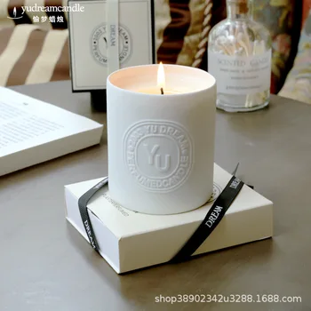 Ароматерапевтическая Свещ Керамична Чаша с Тисненым Логото на Белия Романтичен тон с Ръчно рисувани Подарък за рождения Ден на Тамян