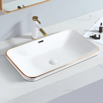 Бели керамични мивки за баня, модерна мивка за измиване със златен ръб, лесна за вграждане в мивки за тоалетна, квадратна мивка