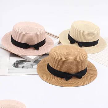 Дамска Сламена шапка, Летни слънчеви шапки за пътуване, Дамски Ежедневни плажна шапка, fashion слънчеви шапка с плоска периферия и лък за почивка