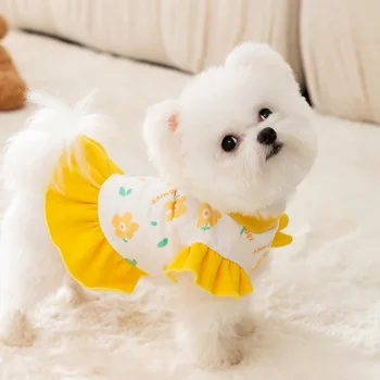 Есенно-зимни дрехи за домашни любимци, жълта пола с цветен модел, сладко кученце среден размер, рокля на принцеса, Йоркшир, чихуахуа