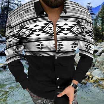 Западните етнически реколта ризи за мъже с 3D дигитален печат, джоб, обтегач, на Ревера, риза с дълъг ръкав, Дишаща градинска облекло Camisas