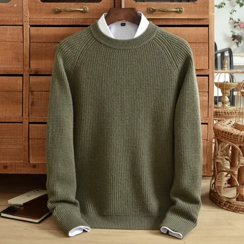 Зимна вълнен пуловер, Мъжки сгъсти пуловер от чист кашмир с кръгло деколте, Корейски стил, всекидневни модерен младежки вязаный пуловер