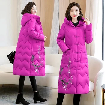 Зимно палто 2023, Нов етнически стил, Модни памучен яке с бродерия, Дамски утепленная яке Паркър С качулка, Топло Дамско дълго палто