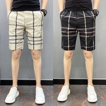 Летни мъжки къси Панталони в клетката, Тънки ежедневни Съкратен корейски модни улични плажни шорти