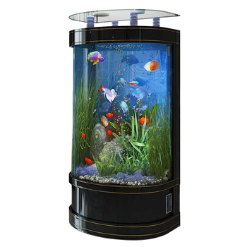 Луксозен и обикновен аквариум, хол, малка потребителска с полукръгла стъклен аквариум от пода до тавана