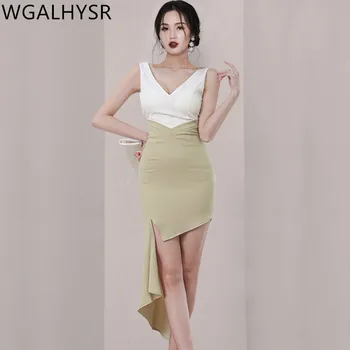 Лято 2023, Нови Корейски рокли, Дамски V-образно деколте, секси покритие, Темперамент, Модерен Цвят рокля Неправилни форми, Дамски дрехи