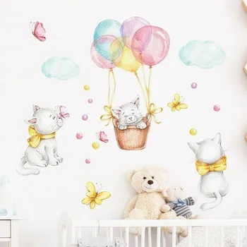 Мультяшные стикери за стена с балони и котки за спалня, детска стая, домашно стенописи, стенни стикери, декорация за стена, декорация на стаята