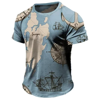 Мъжки t-shirt, Лятна Реколта американски Върхове, Градинска Тениска, Ежедневни тениски с 3D Принтом Компас, Тениска с къс ръкав, Празнични Мъжки ризи