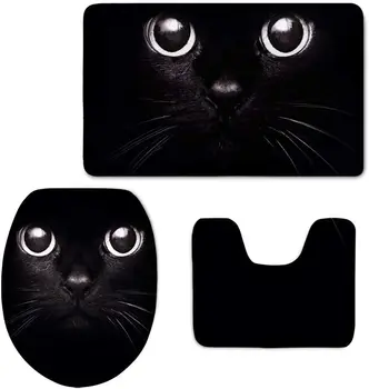 Набор от противоскользящих накладки за баня с шарките на черна котка, 3 предмет, нескользящий подложка за вана + contour + капак на тоалетната чиния