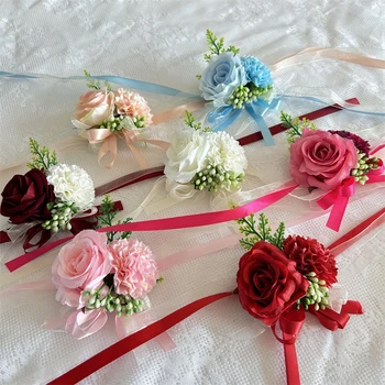 Нова Цвете на Китката От Изкуствена Коприна Boutonniere с Рози За Булката, булчински гривни за Шаферките, ръчно изработени цветя