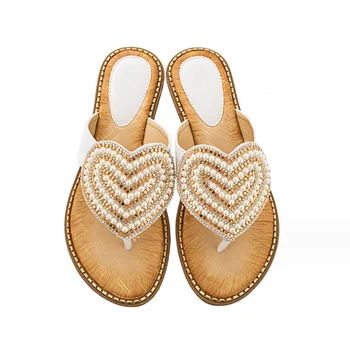 Новост Пролетта 2024 г., Дамски обувки на плоска подметка с диаманти и перли, Джапанки с нитове за пътуване, Плажни сандали за жени, по-Големи размери 36-42