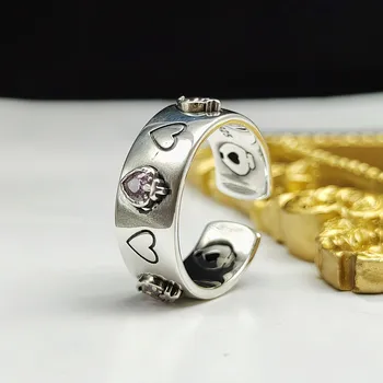 Отворен пръстен с розов диамантен пръстен от сребро S925 проба на Корейското издание Ins Love Pattern с лек дизайн, модерен лукс и готин стил