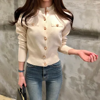 Офис женски вязаный жилетка, женски кратък пуловер, корейски пролет-есен нова однобортный горна дреха с дълги ръкави