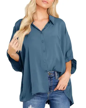 Популярните ежедневни ризи с V-образно деколте и копчета в голям размер за жени, работна блуза, с ръкави, 