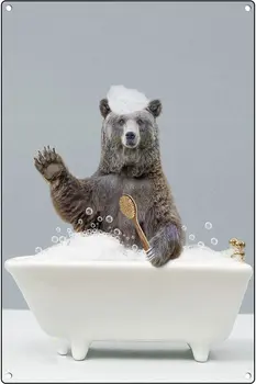 Реколта метални табели Мечка в банята, Плакат с изображение на мечка за къпане, Ретро Метална лидице табели, стенен декор, подарък за ресторант в банята