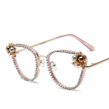 Реколтата от Секси Дамски Рамки за оптични очила с Кошачьим око, Анти-Синя светлина, Дамски Луксозни Маркови Дизайнерски Компютърни очила с диаманти и перли