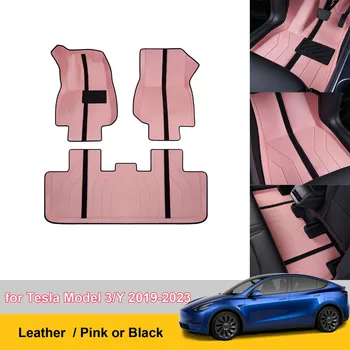 Розови Аксесоари за интериора на Tesla Model Y 3 Кожени постелки за пода С пълно покритие за крака Модел 3 2023 Декоративни Защитни Килими