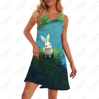 Рокля с 3D принтом Rabbit In The Grass, Свободно Ежедневното рокля, Просто рокля без ръкави, Лятно удобна рокля голям размер, Женствена рокля