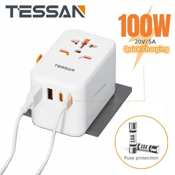 Универсален адаптер за пътуване TESSAN 65 W/100 W по целия свят с вход за бързо зареждане на USB Type C EU/UK/USA/AUS за пътуване