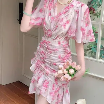 Френска чанта Hepburn wind break royal elder sister за плаж, отдих, красива розова рокля с цветен модел, дамски пролетно облекло