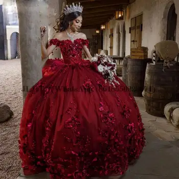 Червени Цветя, ръчно изработени, Бална рокля, Буйни рокля с открити рамене, Дантелени апликации, Vestido De 15 Anos Sweet 16