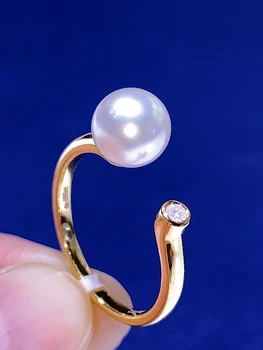Японското пръстен AKoya с естествени перли на морската вода е 7-8 мм, инкрустированное злато 18 Карата, през цялата блестящ, ярък стил подарък