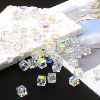 мъниста от чешки кристал квадратна форма, 8 мм, стъклени мъниста в цвят кристал AB, кубчета за бижута, колиета, обеци