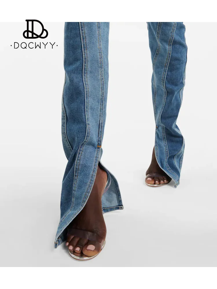 Дънки, Дамски Дизайнерски контрастни дънкови панталони, Новост 2023, Пролет/Есен, Y2K, Секси и пикантни, Дълги, Тънки Крака, Панталони с висока талия